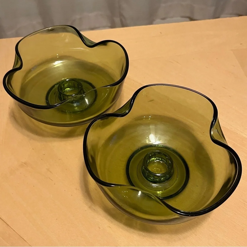 Vintage Anchor Hocking Avocado Candlestick Bowls Set of Two